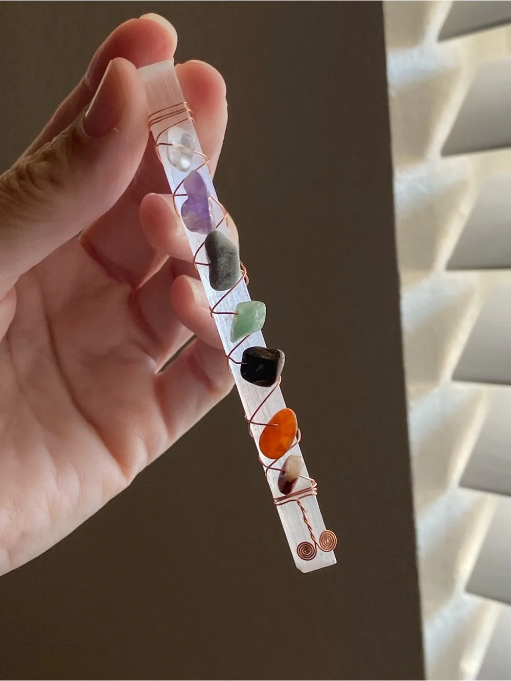 Selenite 7 Chakra Wand Mixed Crystals - Meditation, Reiki, Crystal Decor